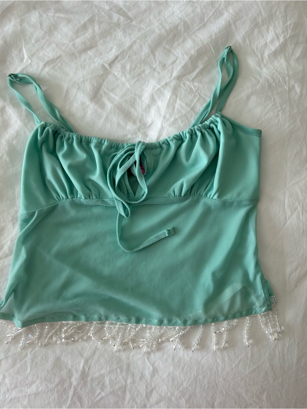 Edikted Turquoise Beaded Fringed Sheer Mesh Spaghetti Strap Top
